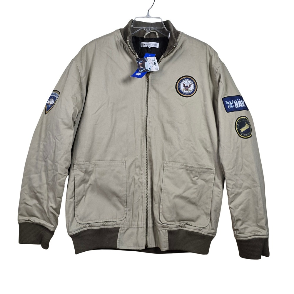 Bradford Exchange US Navy Bomber Jacket Khaki Mens Large Military Patches NWT